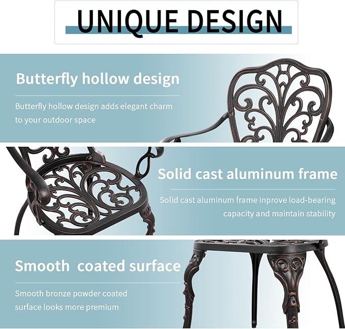 Withniture Bistro Set 3 Piece Outdoor Bistro Set, Cast Aluminum Bistro Table Set with Umbrella Hole, Anti Rust Bistro Table and Chairs Set of 2 for Front Porch, Balcony, Bronze