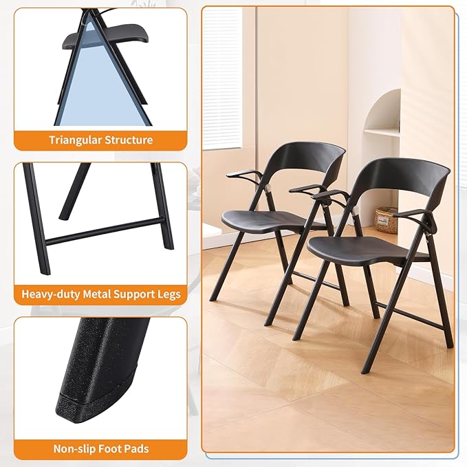 Folding Office Chair, Plastic Folding Chairs with Detachable Armrest, Stackable Dining Chairs, Portable Foldable Chair for Indoor, Outdoor, Wedding, Party, Picnic, Yard, Garden (Black, 2Pack)