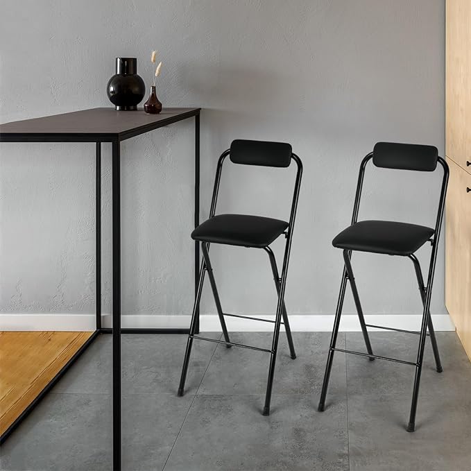 Thyle 1 Pcs Folding Bar Stool with Backrest, Tall Foldable Stool Chair Portable High Folding Bar Chair Counter Height Seat Leather Padded for Kitchen Island Shop Cafe Dining Room Black (27.5 Inch)
