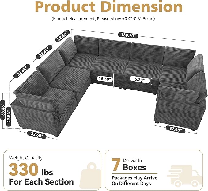 CAODOC Large 7 Seat Modular Sectional Sofa with Ottoman Seat Corduroy Sleeper Sectional Sofa Bed Oversized Convertible Modular Couch for Living Room