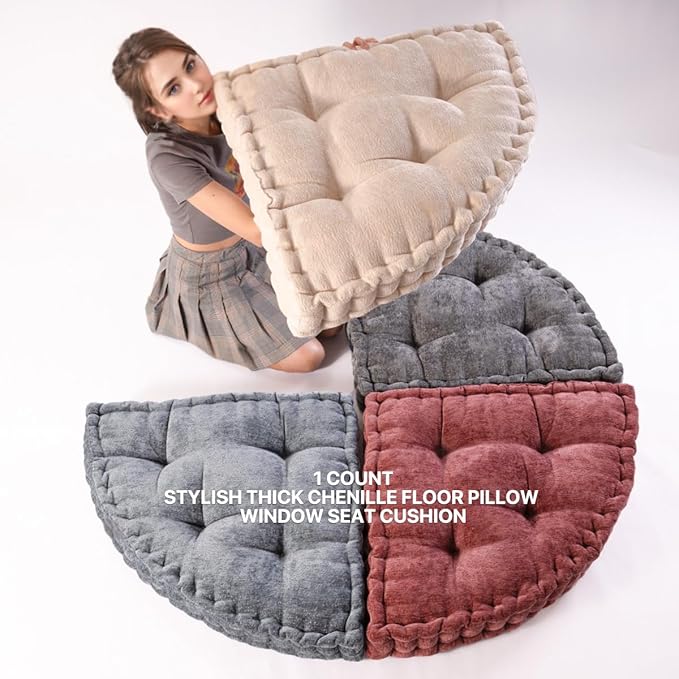 Fan-Shaped Floor Cushion Corner Nook Floor Pillow, Meditation Cushion for Sitting or Yoga, Kids Play Cushions Thick for Indoor or Outdoor Seating 28"*28" Ivory
