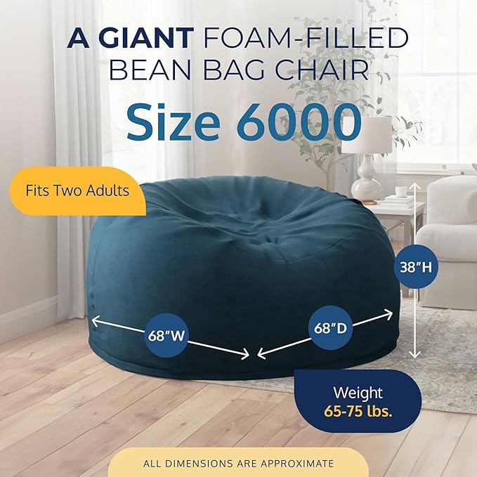 Ultimate Sack 6000 6-Foot Bean Bag Chair with Footstool, Cloud Suede Cover – Oversized Foam Lounger, Floor Seat, Small Sofa, or Couch Bed for Living Area, Gaming Room, or Reading Lounge