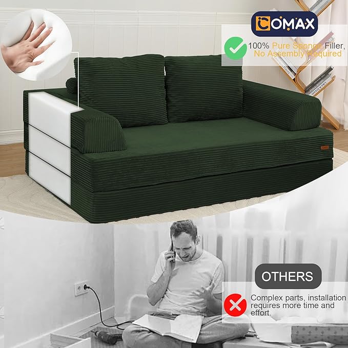 COMAX Futon Sofa Bed, Convertible Folding Sofa Bed, Boneless Couch Loveseat Corduroy with Pillows, Small Foldable Floor Couch Comfy Lounge Sleeper for Living Room Bedroom, Green