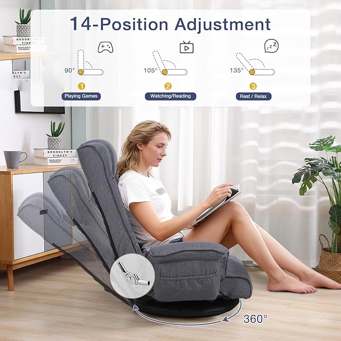 Linen Fabric Ergonomic Gaming Chair, 6-Position Reclining Sofa Bed with Lumbar Support, Foldable Floor Lounger with Thick Cushion, Armrests & Side Pockets for Esports, Reading, Napping (Grey)