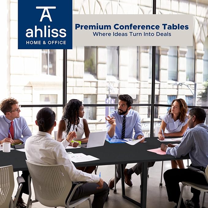 ahliss Sturdy Conference Table with Cable Management Grommets Modern Rectangle Office Meeting Table with Wood Tabletop and Metal Frame & Legs- Easy Assembly Boardroom Table (Black, 12 Foot)