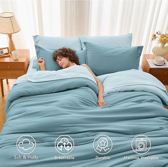 MUXHOMO 7 Pieces Queen Comforter Set, Soft Bed in a Bag Queen Size, All Season Bedding Set with Comforter, Flat Sheet, Fitted Sheet, Pillowcases & Shams, Mineral Blue & Light Blue