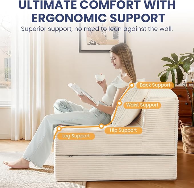 Convertible Sofa Bed, Fold Out Loveseat Sleeper Sofa Chair with Pillow, Folding Sofa Bed with Back Support, Portable Chair Bed Comfy Floor Lounge Sofa for Living Room Bedroom Guest Room, Beige