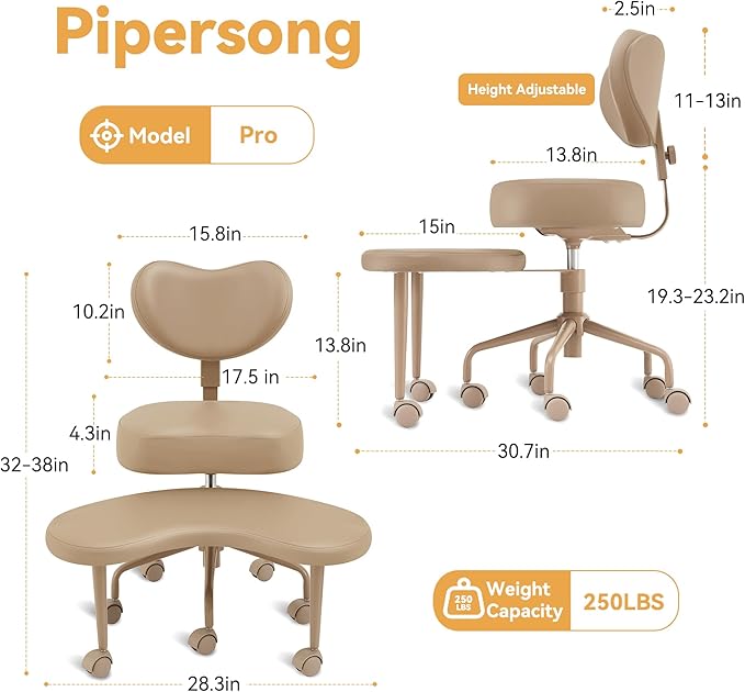 Pipersong Meditation Cross Legged Chair PRO, ADHD Chair with Height Adjustable Backrest, Criss Cross Desk Use with Footrest and Wheels for Home Office, Flexible Design for Fidgety Sitters, Gray