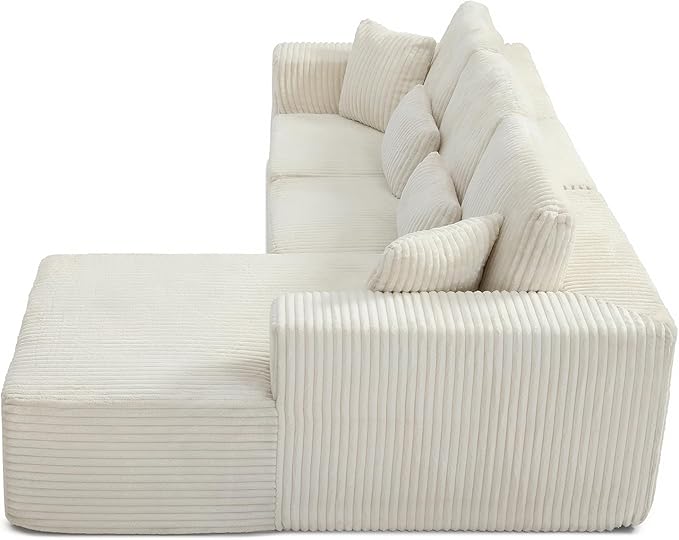 HYJT-H&K Modular Sectional Sofa Cloud Sectional Couch, 107" Comfy Fluffy L Shaped White Couches for Living Room, Deep Seat Memory Foam Plush Corduroy Boneless Couch Sectionals Right Facing Chaise Sofa