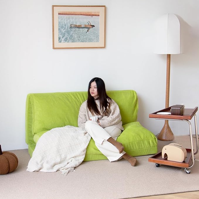 N&V Folding Matress Sofa Bean Bag Bed, Foam Filling Folding Matress Sofa, includes Removable and Machine Washable Cover, Soft Premium Corduroy (Large, Lime)