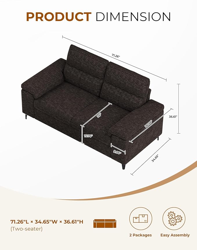Upvilla 71.25" Modern Sofa Couch for Living Room, Deep Seat Sofas with 8” Cushion, Comfy 2-Seater Chenille Loveseat with Convertible Armrest, Removable Sofa Cover, High Leg (Dark Gray)