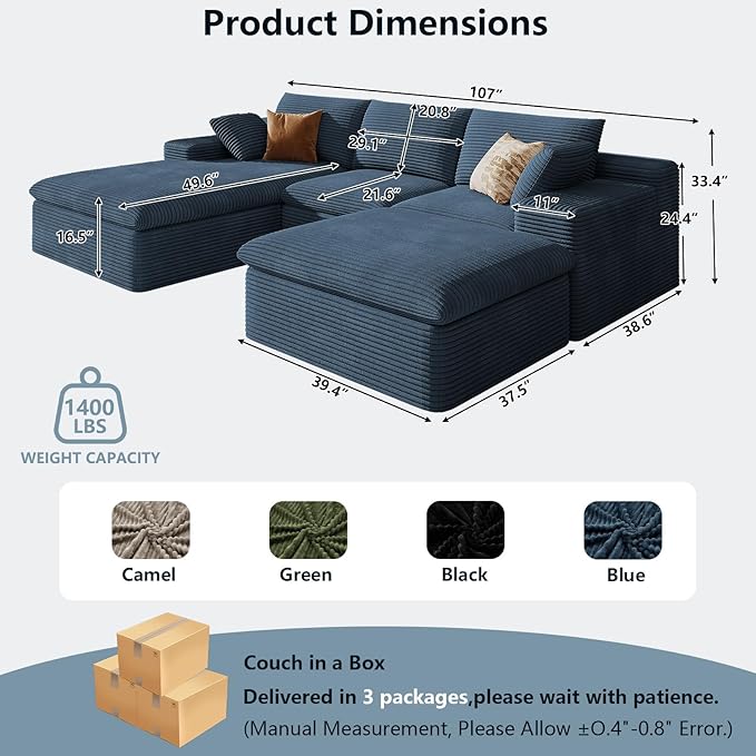 107" Cloud Sectional Couch with U-Shaped Chaise,Corduroy Viral Boneless Sofa with Ottoman,Memory Foam Couches in a Box with Deep Seat for Living Room,No Assembly Required (Blue,Left-Facing Chaise)