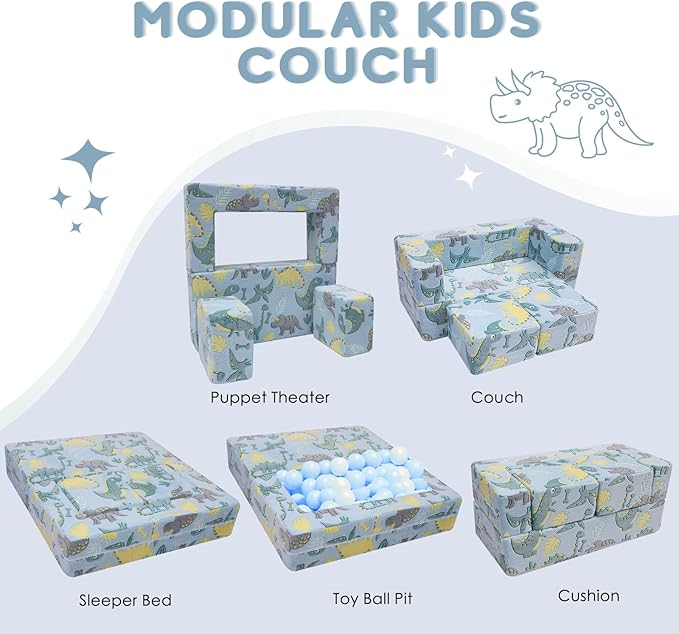 MeMoreCool Glow-in-The-Dark Dinosaur Kids Loveseat - Modular Toddler Play Couch That Folds Out, Convertible Foam Chair & Mini Sofa Bed with Washable Plush Cover, 2-Seat Playroom Furniture