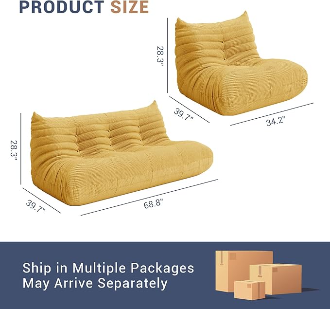 Fireside Chair Corner Bean Bag Chair for Adults, Modern Corduroy Fabric Caterpillar Sofa Couch, Lazy Floor Sofa Armless Foam Couch Lounger Tatami Recliner for Living Room Bedroom Dorm Office
