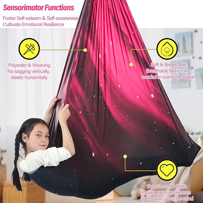 Sensory Swing for Kids Holds up to 300lbs Indoor & Outdoor Therapy Cuddle Swing with Hammock Hooks Hanger Kit for Calming, Effect for Autism, ADHD or SPD. (Space Pink)