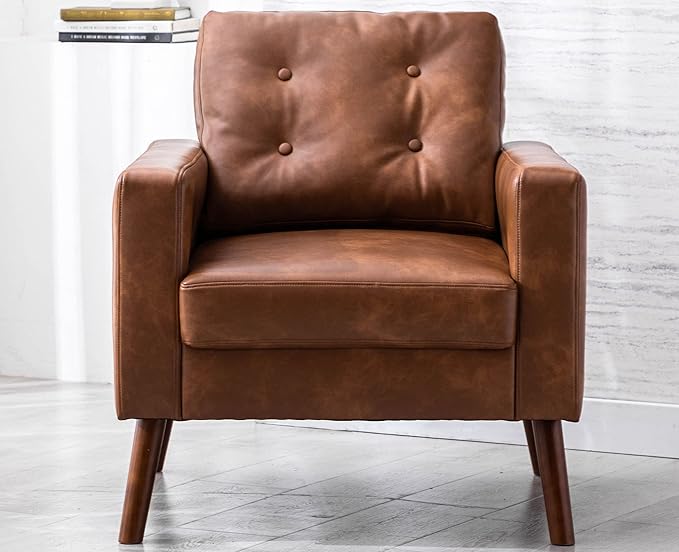 VESCASA Tufted Accent Arm Chair with Wood Legs, PU Faux Leather Comfy Upholstered Single Sofa, Mid Century Modern Side Club Leisure Chair for Reading/Living Room/Bedroom, Caramel