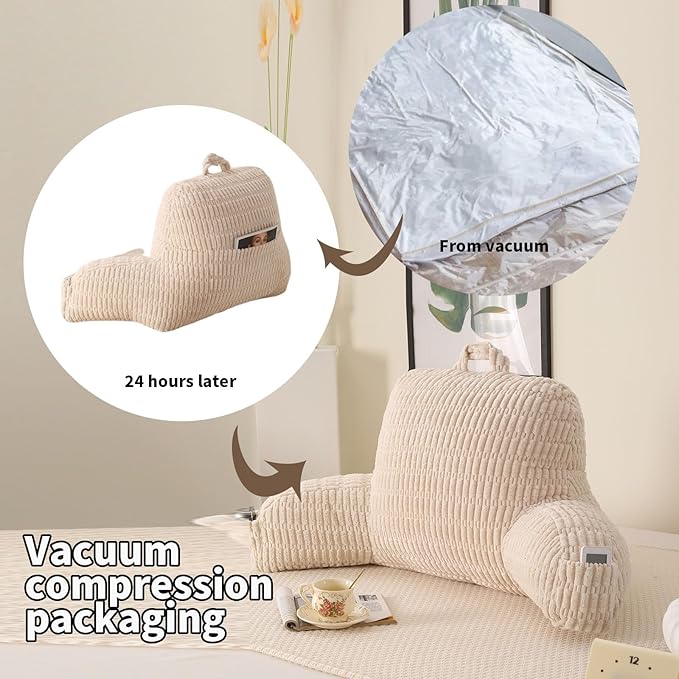 PAJEO Reading Pillow for Sitting in Bed, Large Backrest Reading Pillow with Arm Rest,Back-Rest Support Cushion for Sit Up on Couch, Sofa, and Floor, Dorm Essentials (Cream Corduroy, Standard(17"))