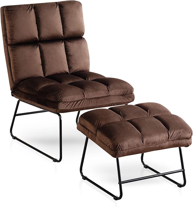 MCombo Velvet Accent Chair with Ottoman Set, Modern Armless Chair for Living Room, Bedroom, Small Space 0014 (Velvet, Brown)