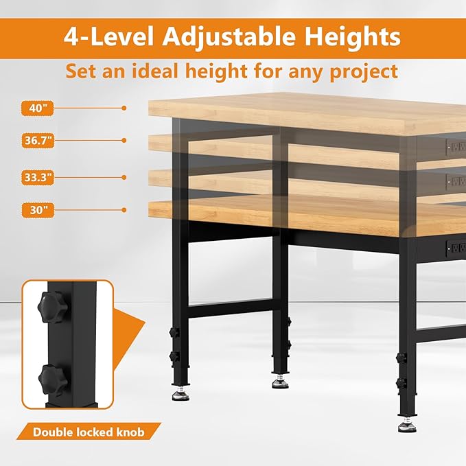 48" Heavy Duty Work Bench with Power Outlets, Adjustable Height Workbench with Rubber Pad, 2000 LBS Capacity Work Table for Garage, Workshop, Office, Home