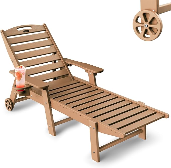 Lounge Chair Outdoor, Chaise Lounge Outdoor, HDPE 6-Position Lounge Chair for Outside, Patio Lounge Chair with Wheels & Cup Holder for Pool Poolside Deck Backyard, Teak