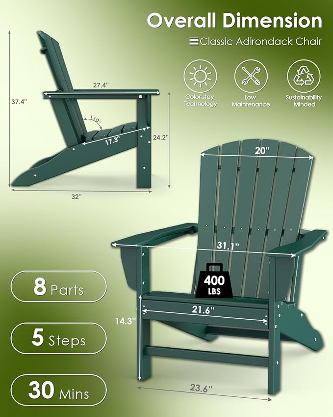 GREENVINES Adirondack Chairs Set of 4 | HDPE Plastic | Oversized Fire Pit Chair | All Weather | Forest | Poly Lumber | for Outdoor Deck Backyard Patio Garden