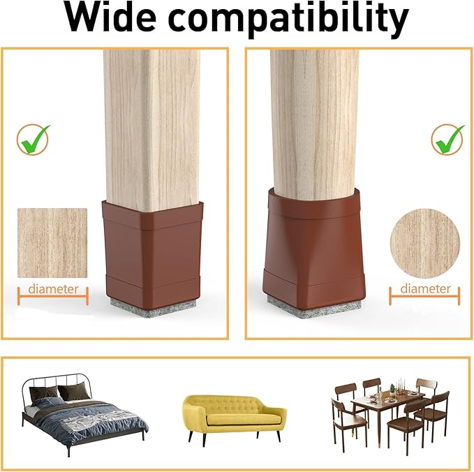CHWM Square Chair Leg Protectors for Hardwood Floors, 16 Pcs Silicone Felt Furniture Leg Cover,3/4" -7/8", Brown.