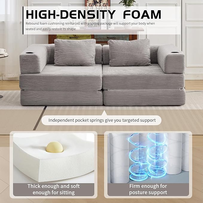 78" Loveseat Sleeper Sofa, 4 in 1 Convertible Floor Sofa Bed, Boneless Cloud Couch with Cup Holder, Fold Out Floor Couch for Living Room Bedroom Lounge, Corduroy, Light Grey