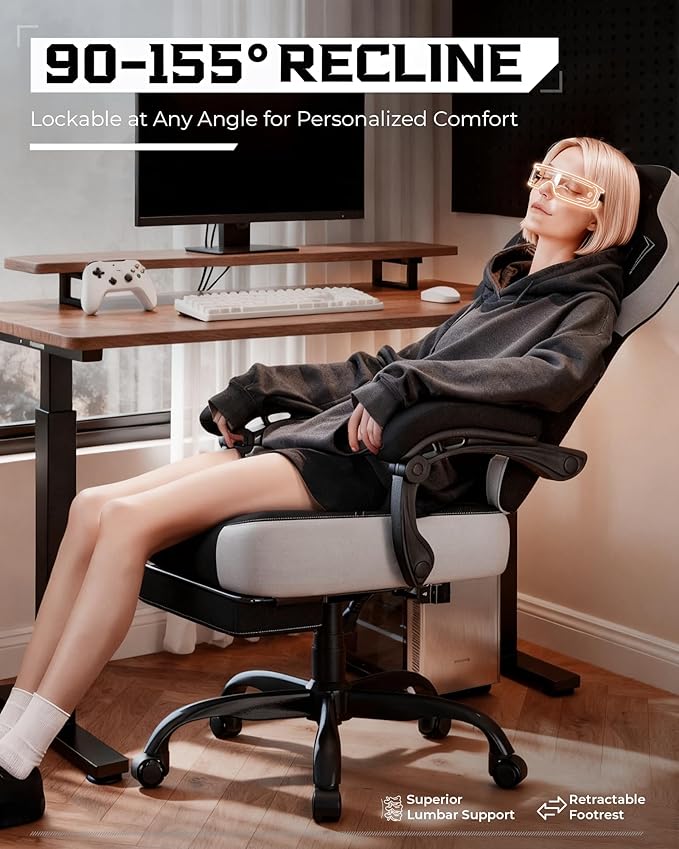 GTPLAYER Gaming Chair, Computer Chair with Footrest and Lumbar Support for Adults, 360°-Swivel Big & Tall Reclining Seat for Office or Gaming (Black&White)