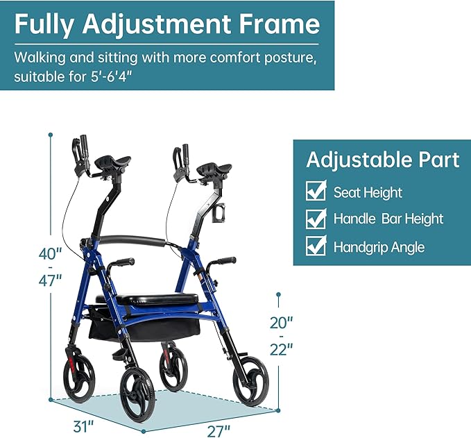 ELENKER Heavy Duty Upright Walker with Extra Wide Padded Seat and Backrest, Aluminum Bariatric Stand Up Rolling Walker, 10” Wheels, Fully Adjustment Frame, Support up to 500 lbs for Seniors, Blue