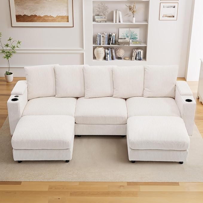 110" W x 60" D U Shape Sectional Sofa with USB Charging & Cup Holder & Storage, 5 Seater Plush Corduroy Couches with Movable Ottoman, Cloud Couch Sofas for Living Room, DIY Combination - Beige White