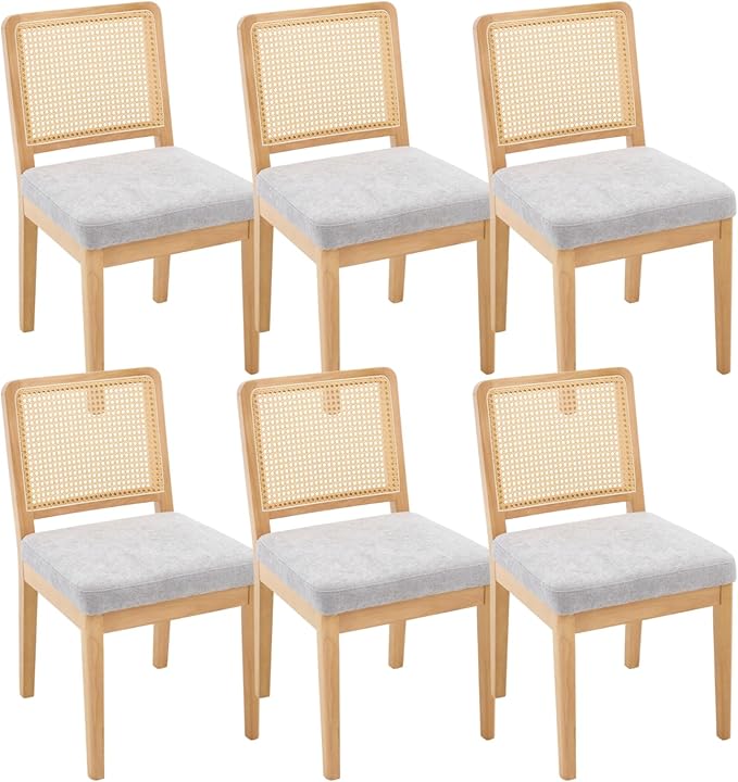 LukeAlon Set of 6 Mid Century Dining Chairs - Farmhouse Kitchen Chairs with Woven Cane Back, Plush Chenille Upholstered Seat, Solid Wood Legs for Dining Room & Breakfast Nook, Grey