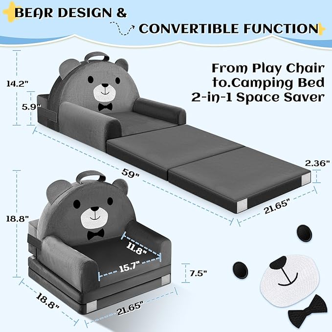 ORWIPO Kids Sofa Bed with Removable Washable Cover & Magic-Tape Backrest – Foldable Toddler Chair, Cozy Crystal Velvet Furniture for Playtime, Naps & Travel (Dark Gray, Bear Design)