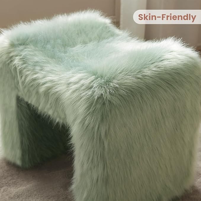 Vanity Stool Chair Small Footstool Ottoman Faux Fur Seating Backless Modern Foot Rest Ottoman Furry for Makeup Room Living Room Bedroom Entryway,Green (Single 1)