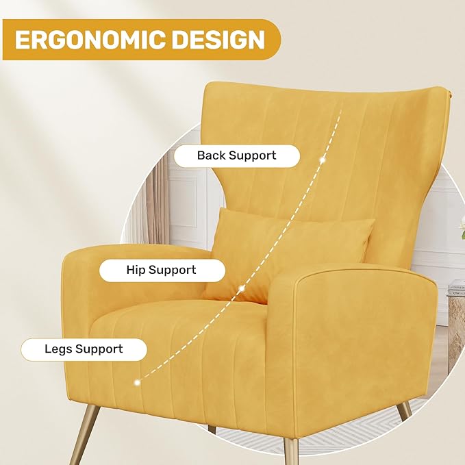 Nalupatio Modern Accent Chairs for Set of 2 Upholstered Velvet Fabric Reading Chair Mid Century Arm Chair Comfy Armchair for Living Room,Yellow