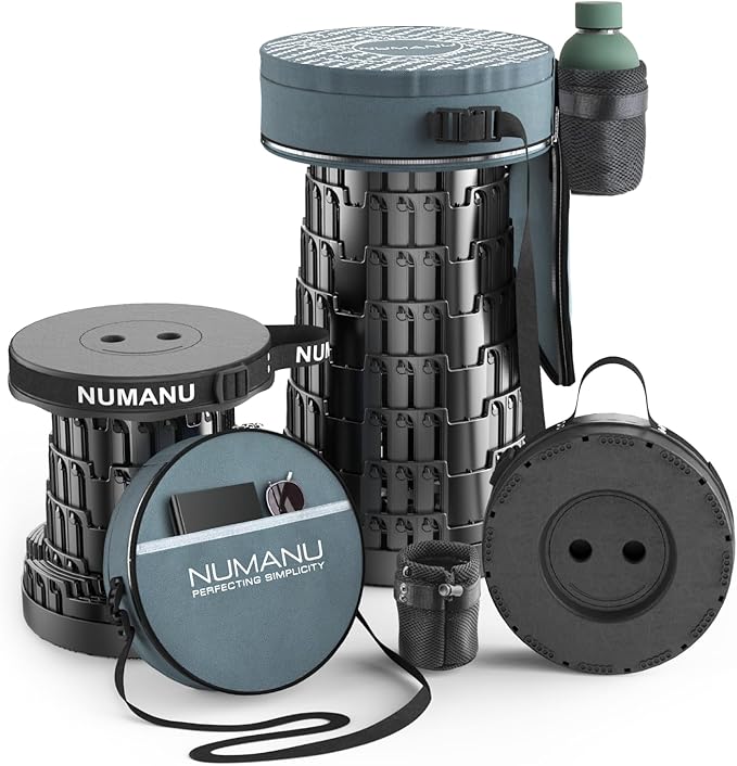 NUMANU 2025 Upgraded Collapsible Stool & 3IN1 Cushioned Carry Bag, 2.5"-18" Height Adjustable Max 620lbs, Portable Retractable Telescoping Seat, Foldable Camping Stool or Footrest for Adults (Round)