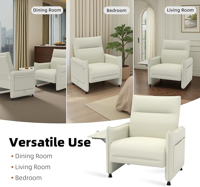 Upholstered Accent Sofa, Modern Faux Leather Sofa Chair with Hidden Foldable Tray & Side Pocket, Front Contour Arm Design, Small Accent Sofa for Bedroom, Beige