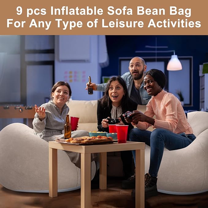 Realspring 9 Pcs Inflatable Bean Bag Chairs for Adults with Electric Air Pump, Blow up Couch Folding Portable Inflatable Couch Lazy Sofa for Outdoor Movie Nights Camping Room (Coffee)
