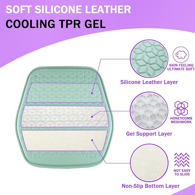 Binsheo Thin Gel Seat Cushion for Car Seat, Office Chair, Wheelchair, Golf Cart - Non-Slip Car Seat Cushions with 0.7 Inch Gel - Sciatica & Coccyx Pain Relief (Leather, Green)