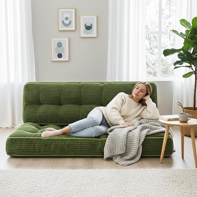 Vercraft 63 Inch Folding Bench Cushion, 4 Inch Thick 2-in-1 Convertible Long Floor Lounger Boneless Cushions Couch Mattress Upholstered for Yoga, Reading, Sleeping, Meditation Living Room(Dark Green)