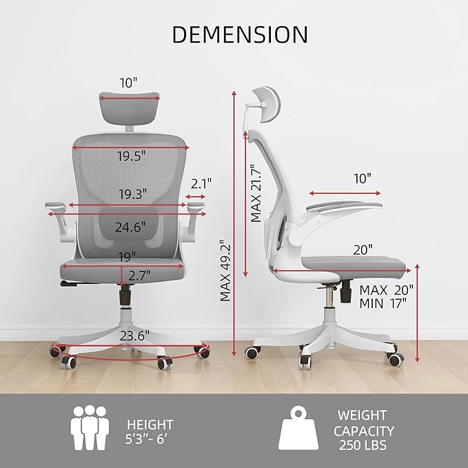 Monhey Office Chair Ergonomic Desk Chair with Lumbar Support&Headrest&Flip-up Arms Height Adjustable Rocking Swivel Computer Chair Multi-Angle from 90° to 125° with 350LBS Capacity (01White+Gray)