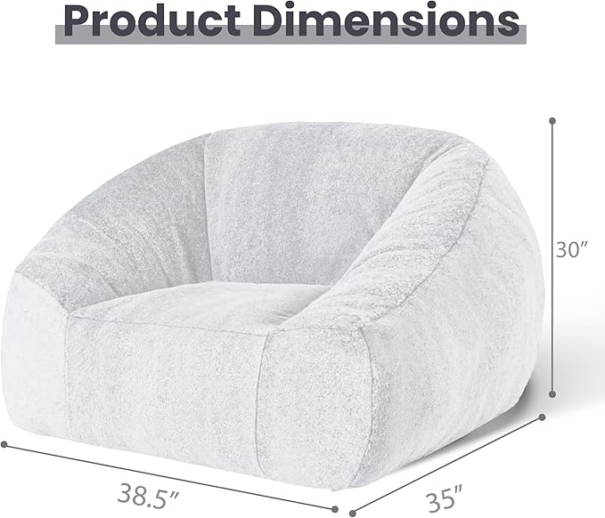 Bean Bag Chairs for Adults, Giant Beanbag Sofa Comfy Reading Chair, Oversized Bean Bag Chairs for Living Room Bedroom, Soft Faux Fur Fabric, 3.2FT, Light Grey, Plush