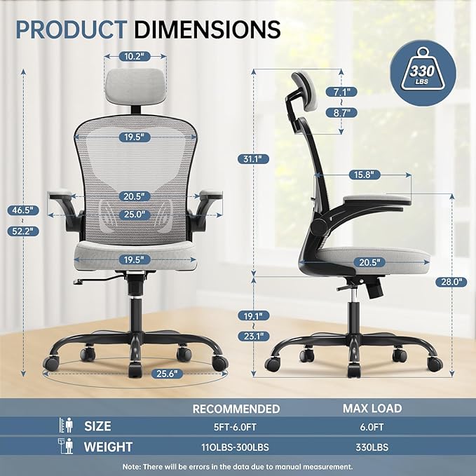 Office Chair Ergonomic Desk Chair, 330LBS Capacity, High Back Computer Chair for Long Hours Comfortable, Rolling Swivel Executive Task Chair for Home Office with Flip-up Armrests, Black Grey