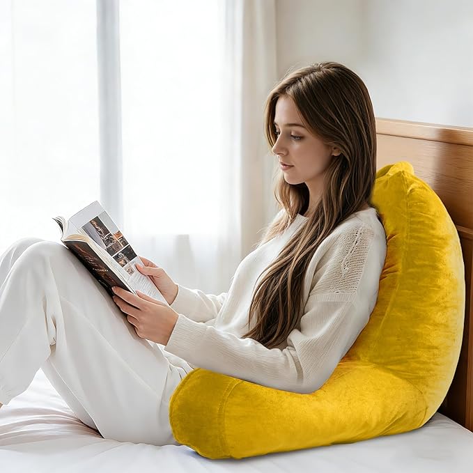 OAISZ Reading Pillow for Sitting in Bed Adult, X-Large Reading Pillow with Shredded Memory Foam, Back Pillow for Sitting Up with Extend Arms, Pockets, Bed Pillow with Washable Cover, Yellow