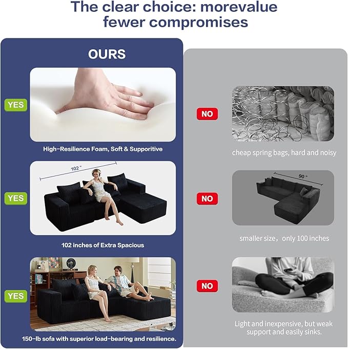 ERORVX 102" Black Couch for Living Room,Boneless Couch No Assembly Required,Comfy Couches with Oversized Chaise,Compressed Sofa for Any Room,Modern Sofa-Corduroy