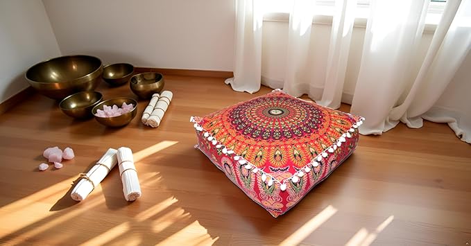 CRAFT KALA Red Peacock Large Hippie Mandala Meditation Floor Ottoman Pillow Cushion Pouf Cover Square Poufs Bohemian Circle Floor Cushion Case Outdoor Fireplace Yoga Living Room Decor Cover 16" Square