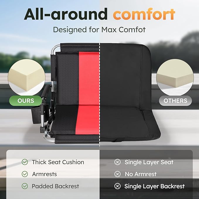 LET'S CAMP Folding Stadium Seat Bleacher Chair with Cup Holder, Mesh Bag and Hide Hooks, Portable Stadium Chair with Back and Cushion