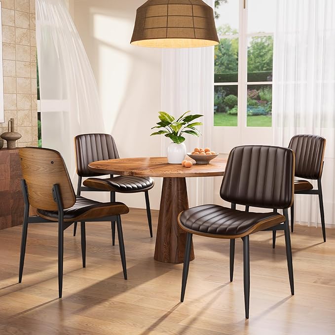 YaFiti Dining Chairs Set of 8, Mid Century Modern Dining Room Kitchen Chairs, Upholstered PU Leather Vertical Stripe Chairs for Vanity with Walnut Bentwood and Metal Legs, Brown