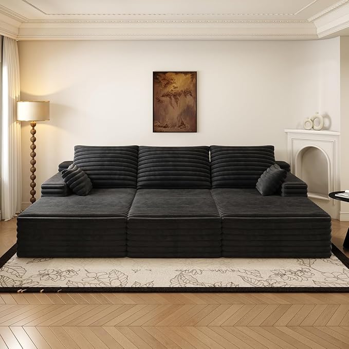 Oversized Lounge Chaise,Cloud Plush Sofa Bed,Upholstered Boneless Cloud Sofa Deep Seat,No Assembly Required,Modern Corduroy Sleeper 3 Seater Chair for Living Room Bedroom Reading,Black