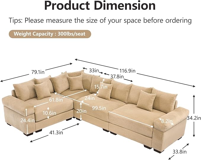 KEIKI 117" L-Shaped Oversized Corduroy Modular Cloud Sectional Sofa with High-Density Foam Cushion, Extra-Thick Armrest, Convertible 4-Seater Fluffy Corner Couch with 14 Pillow, for Living Room, Camel