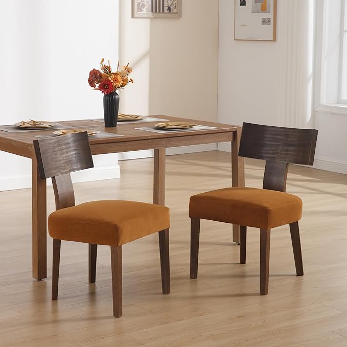 DM Furniture Velvet Dining Room Chairs Set of 2, Mid Century Modern Armless Side Chair with Solid Wood Legs and Curved Backrest for Living Space, Brown